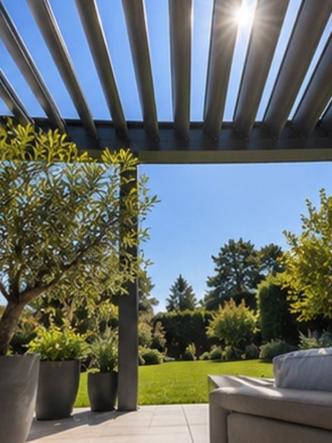 Lamellendach aus Aluminium mit schräg gestellten Lamellen über einer Terrasse, Licht fällt in Streifen auf den Boden