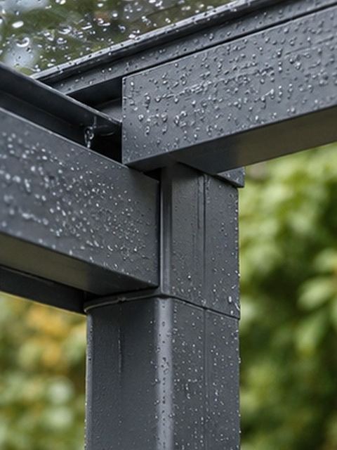 Detail eines anthrazitfarbenen Aluminiumprofils mit integrierter Regenrinne an einer Terrassenüberdachung
