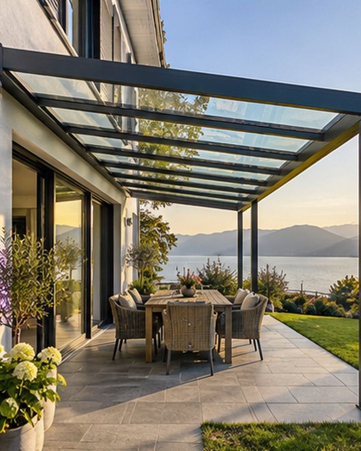 Terrassenüberdachung aus Aluminium mit klarem Glasdach, Blick nach oben in den Himmel