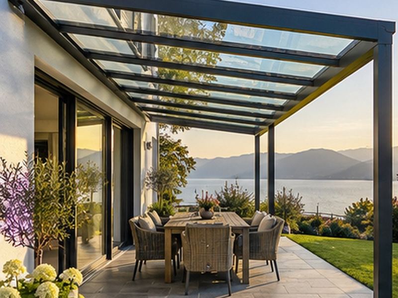 Terrassenüberdachung aus Aluminium mit Glasdach und Blick über einen See