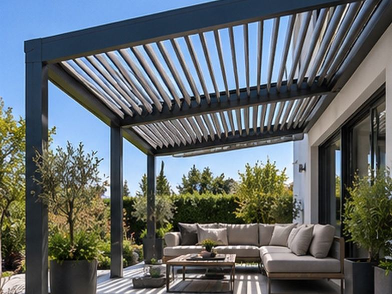 Lamellendach aus Aluminium mit teilweise geöffneten Lamellen über einer sonnigen Terrasse