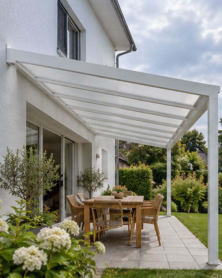 Terrassenüberdachung aus Aluminium mit lichtstreuenden Polycarbonat-Stegplatten an einem Einfamilienhaus