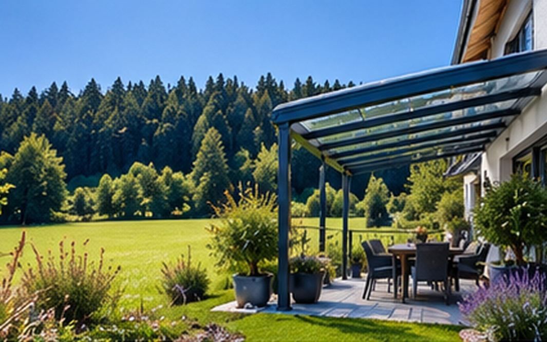 Terrassenüberdachung mit Glasdach an einem Einfamilienhaus am Ortsrand, Wiesen und Wald im Hintergrund
