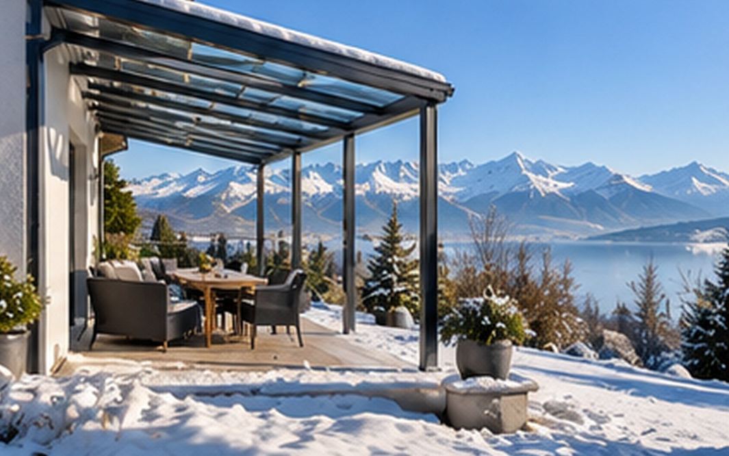 Kräftige Terrassenüberdachung mit Glasdach und mehreren Stützen an einem Haus im Allgäu, Schnee auf dem Dach, Berge im Hintergrund