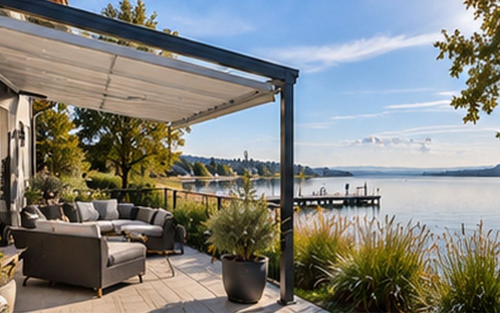 Terrassenüberdachung mit Glasdach und Markise an einem Haus nahe dem Seeufer, Schilf und Wasser im Hintergrund