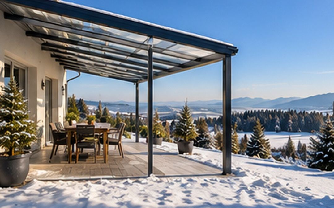 Terrassenüberdachung mit Glasdach und zusätzlicher Mittelstütze an einem Einfamilienhaus, verschneite Allgäuer Landschaft