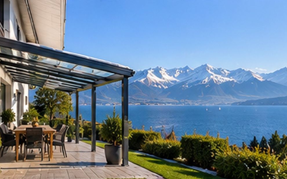Terrassenüberdachung mit Glasdach an einem Haus mit Blick auf den Bodensee und die Alpen