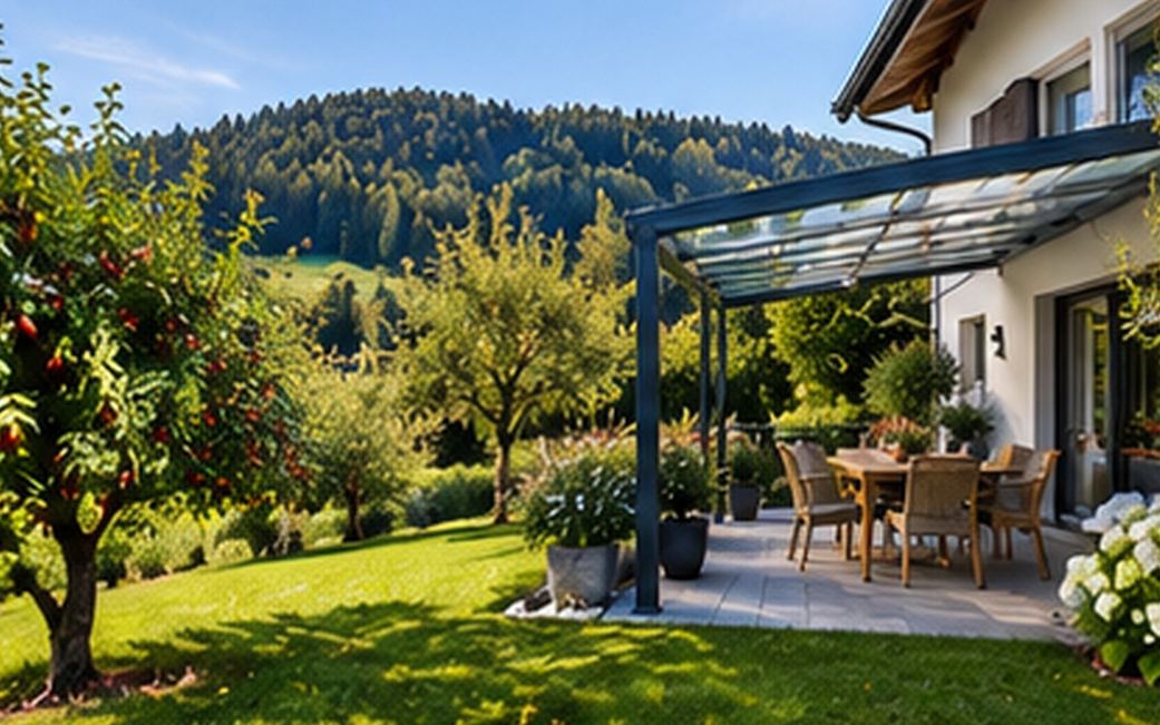Terrassenüberdachung aus Aluminium mit Glasdach an einem Einfamilienhaus am Hang, Obstbäume im Garten