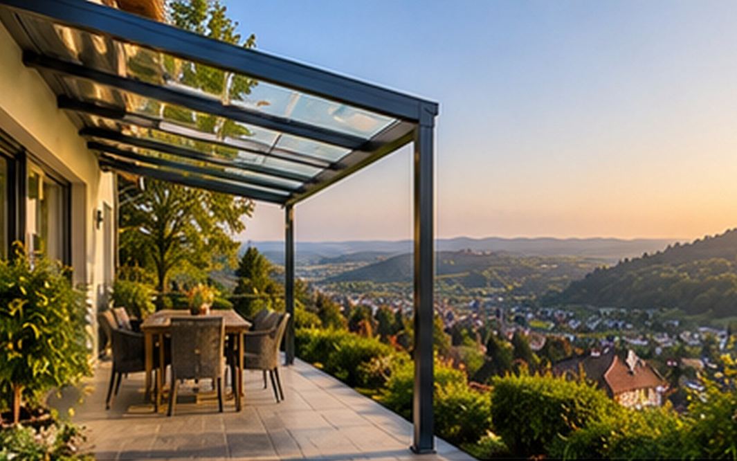 Terrassenüberdachung mit Glasdach an einem Stadthaus in Hanglage, im Hintergrund Hügel des Schussentals