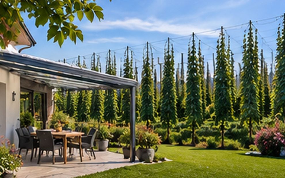 Terrassenüberdachung mit Glasdach an einem Haus am Ortsrand, im Hintergrund Hopfengärten