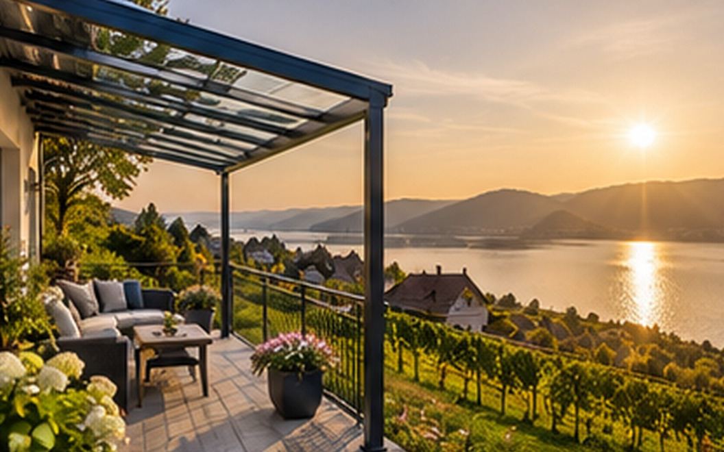 Terrassenüberdachung mit Glasdach an einem Haus in Hanglage, Blick über Weinberge auf den Bodensee