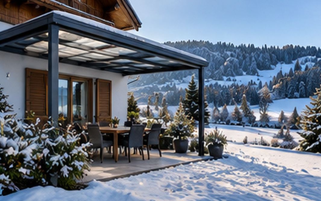 Terrassenüberdachung mit kräftigen Aluminiumprofilen und Glasdach an einem Allgäuer Haus im Winter mit Schnee