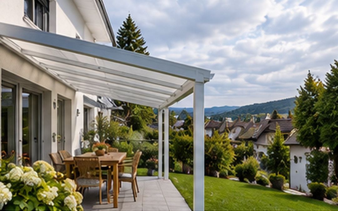 Terrassenüberdachung aus Aluminium mit Stegplatten an einem Doppelhaus in einem Wohngebiet am Hang