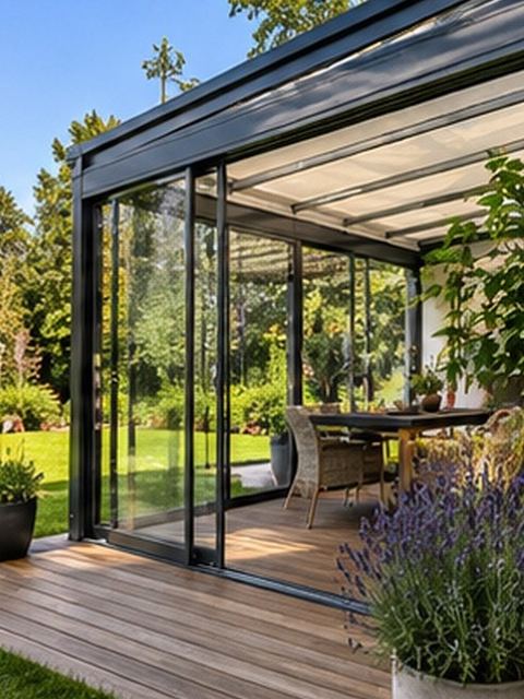 Kaltwintergarten aus Aluminium mit geöffneten Glasschiebewänden an einer Terrasse im Spätsommer